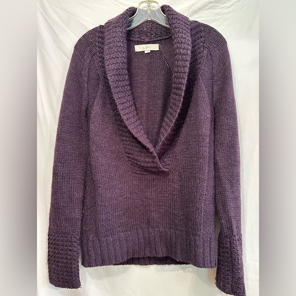 LOFT Purple Cowl Neck Sweater with Ribbed Texture